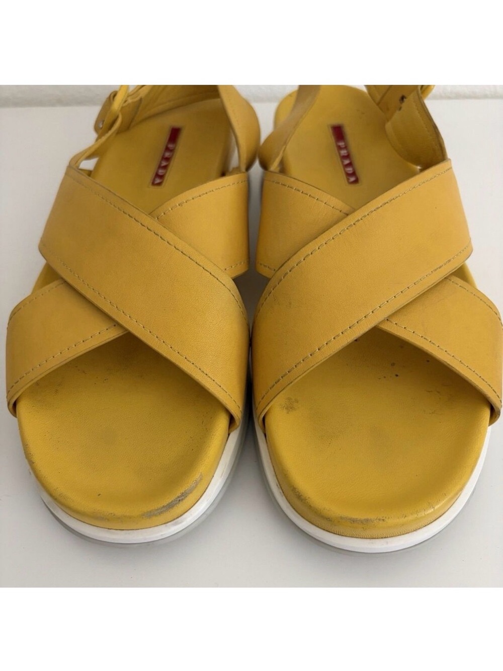 PRADA Yellow Leather Slingback Crossover Platform Sandals 39.5 / 9.5 - Picture 3 of 12